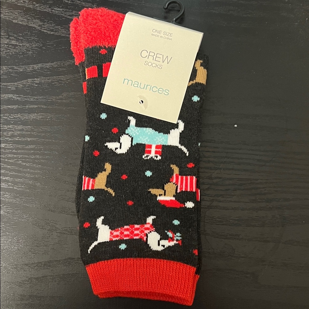 Maurices Festive Black and Red Dog Crew Socks
